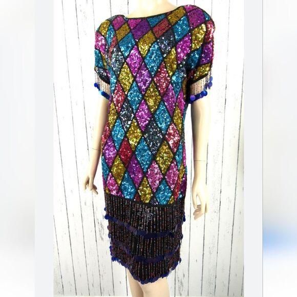 Vintage Dresses & Skirts - Vintage 80s Colorful Sequins Diamond Argyle Tassel Fringe Midi Dress Fla…